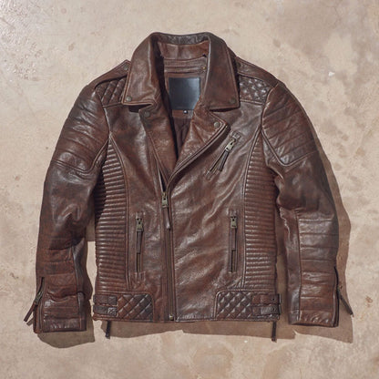 Men's Distressed Waxed Brown Biker Leather Jacket