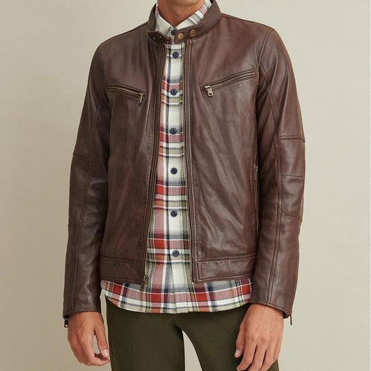 Men's Brown Leather Moto Biker Jacket