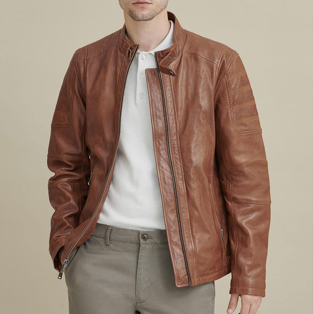 Men Brown Biker Leather Moto Jacket