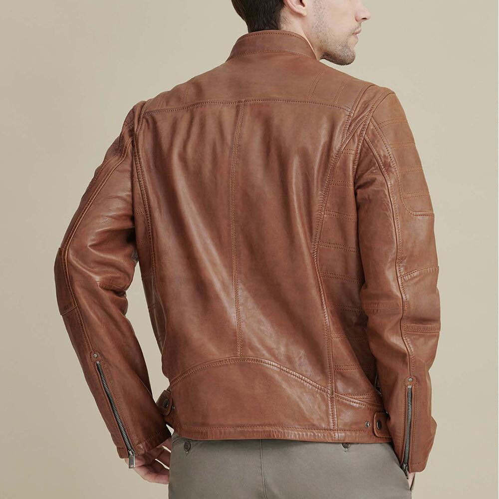 Men Brown Biker Leather Moto Jacket