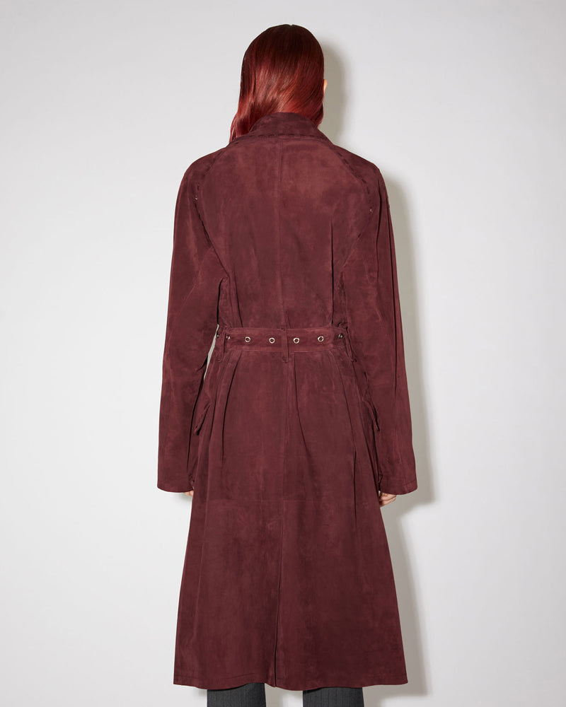 Maroon Suede Leather Long Duster Trench Coat for Women