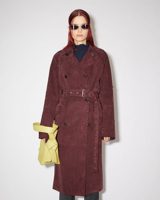 Maroon Suede Leather Long Duster Trench Coat for Women