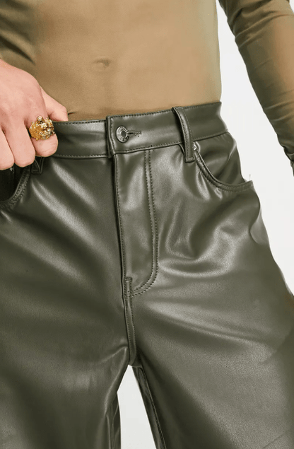 Stylish Men's Leather Pants in Khaki Green - Contemporary Comfort