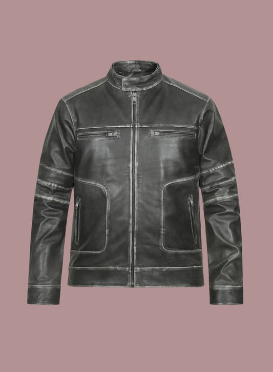 Men Black Distressed Racing Style Leather Jacket