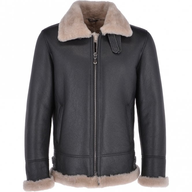 Men's Brown Shearling Real Black Leather Bomber Jacket