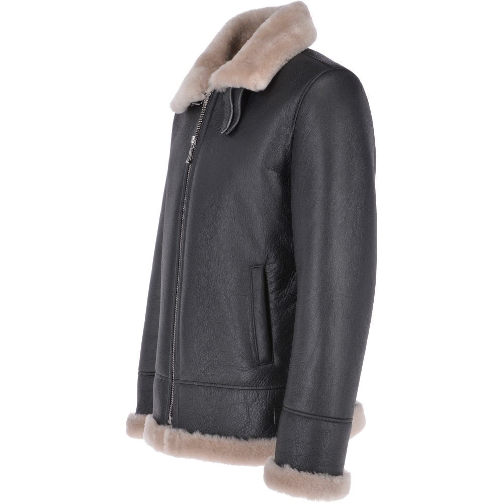 Men's Brown Shearling Real Black Leather Bomber Jacket