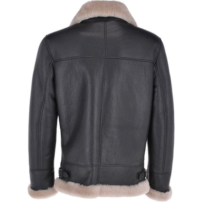 Men's Brown Shearling Real Black Leather Bomber Jacket