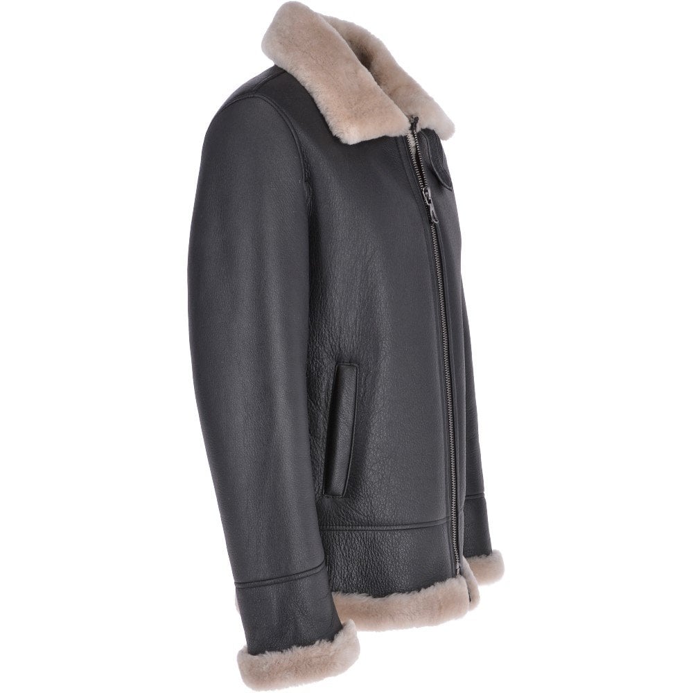 Men's Brown Shearling Real Black Leather Bomber Jacket