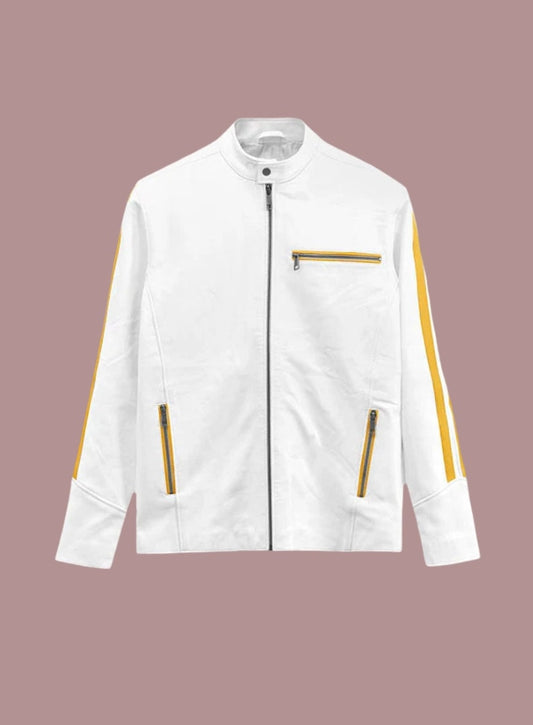 Men White Leather Jacket with Yellow Stripes