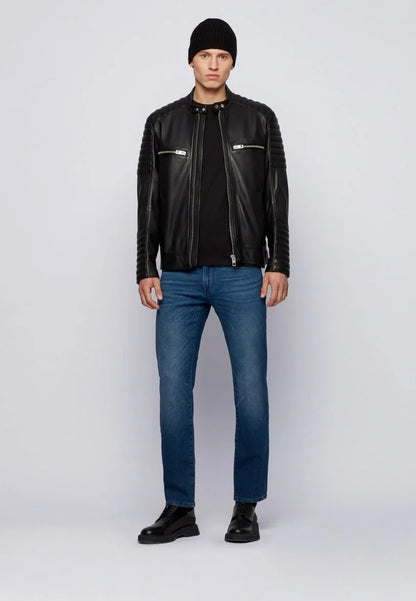 Premium Men Black Leather Crew Neck Biker Jacket