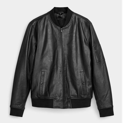 Men Black Real Leather Bomber Jacket