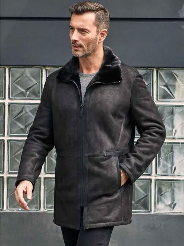 Men Black Shearling Fur Leather Jacket