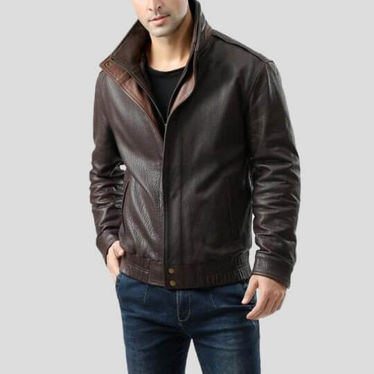 Men Brown Bomber Leather Jacket
