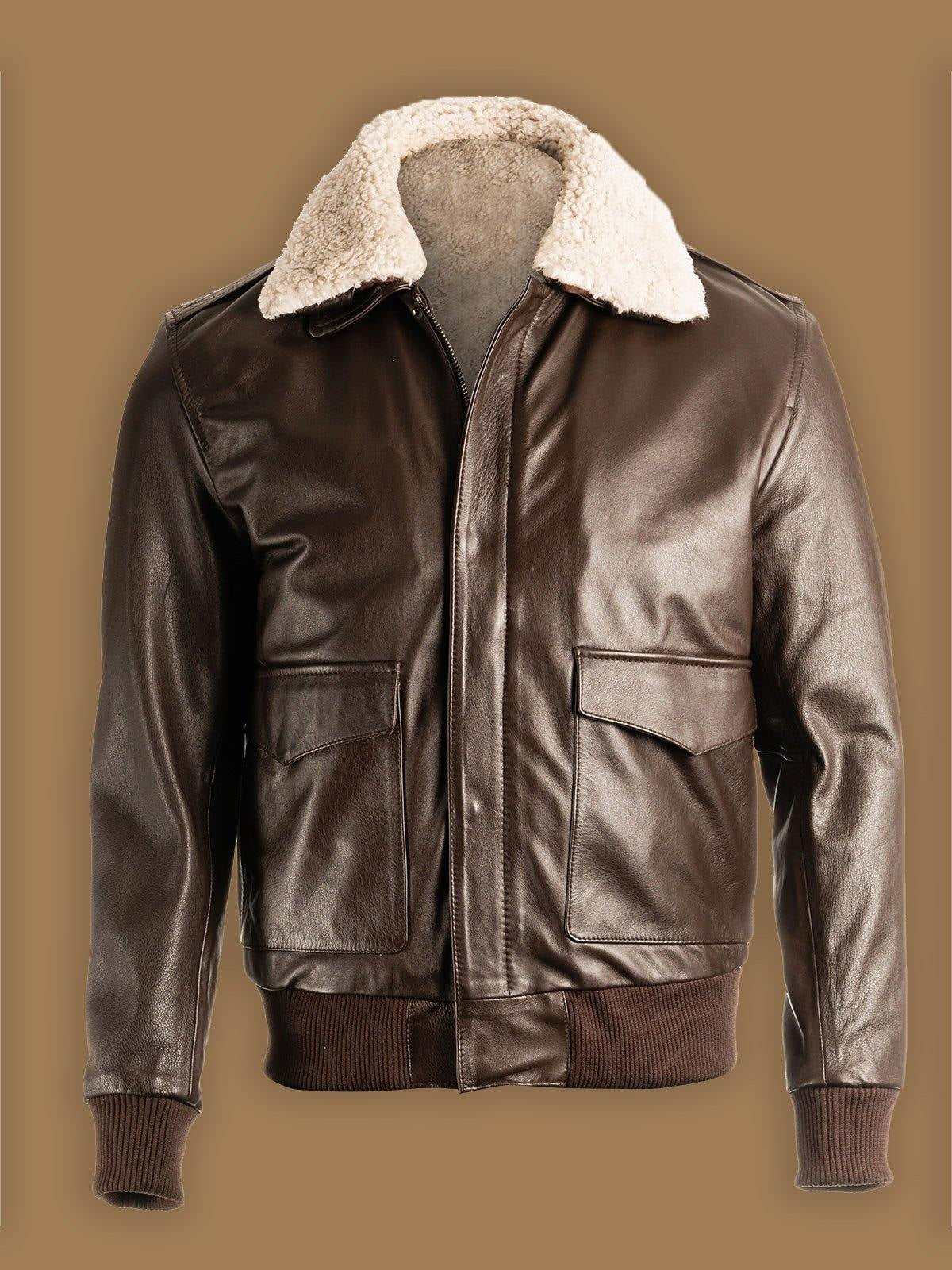 Men's brown shearling bomber leather jacket with a round neckline, long sleeves, and front zipper closure, displayed on a mannequin.