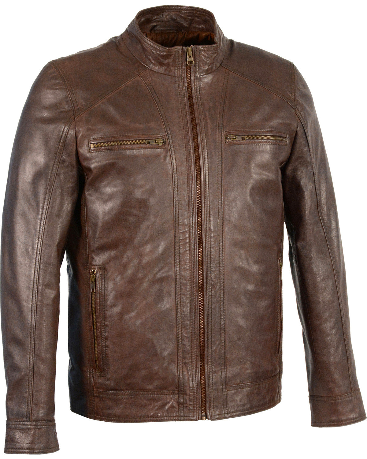 Men Brown Sheepskin Moto Biker Jacket