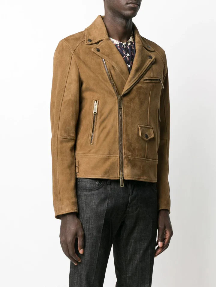Men Brown Suede Leather Biker Jacket
