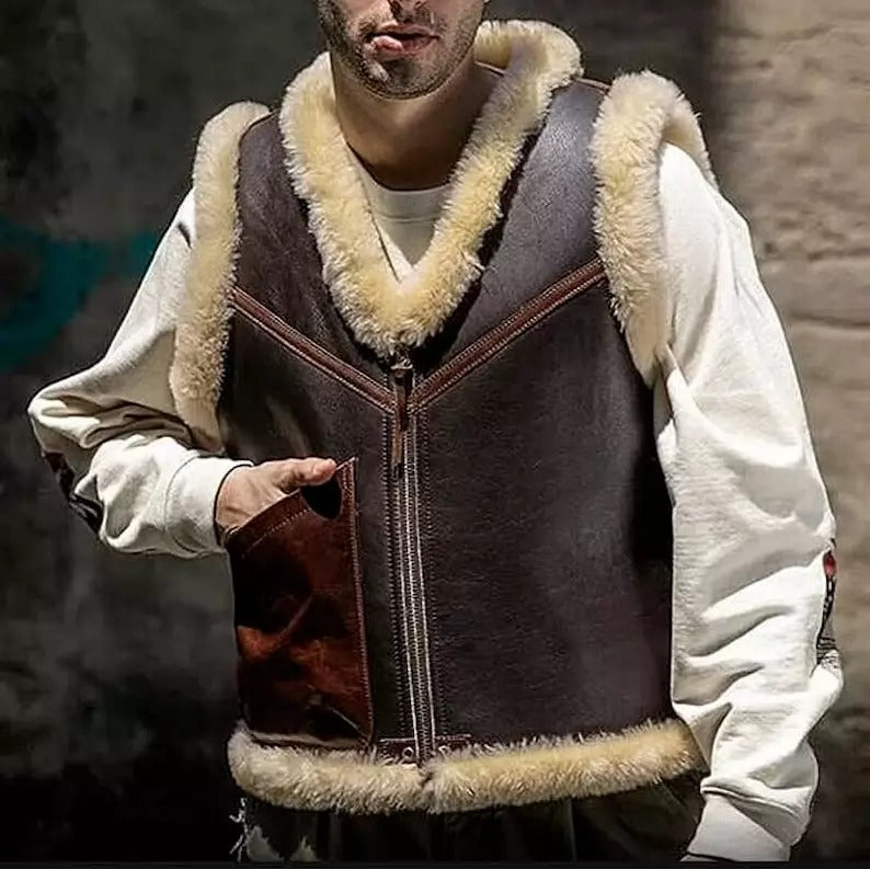 Men Brown Trendy Shearling Leather Vest
