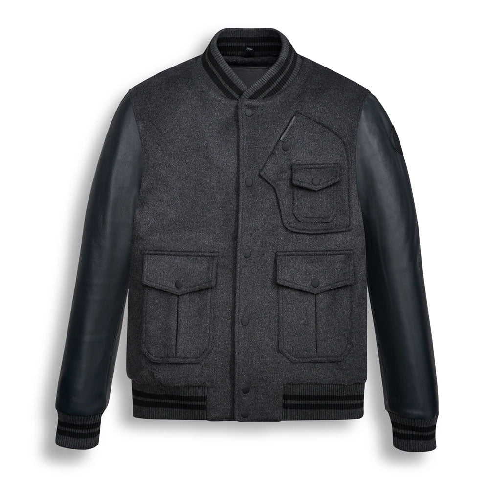 Men Dark Grey Wool Jacket with Black Leather Sleeves