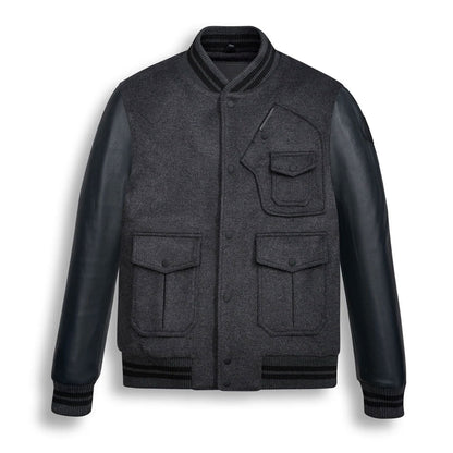 Men Dark Grey Wool Jacket with Black Leather Sleeves