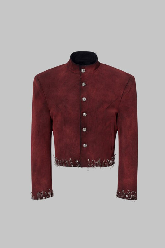 Men Gothic Burgundy Suede Leather Cropped Jacket