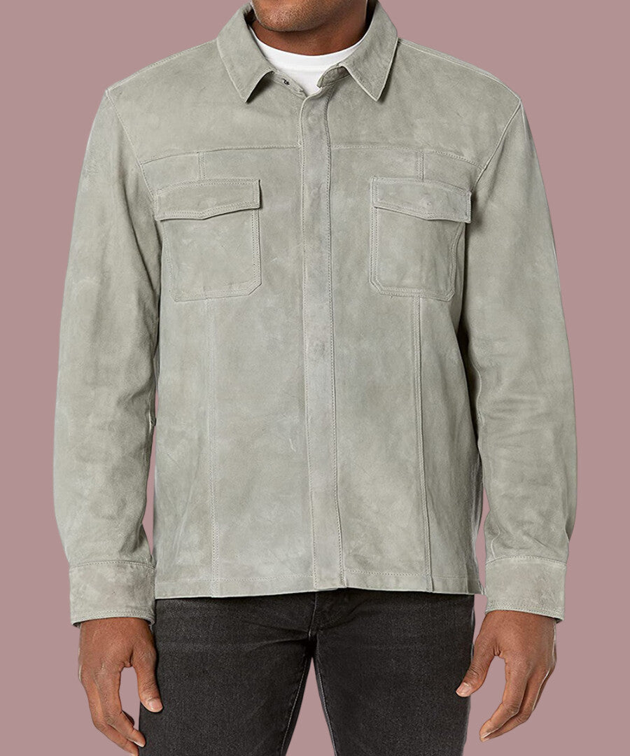 Men Light Gray Relaxed Fit Suede Overshirt Jacket front side. Two pockets on fornt and one inner side. Special linning. 