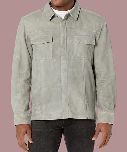 Men Light Gray Relaxed Fit Suede Overshirt Jacket front side. Two pockets on fornt and one inner side. Special linning. 