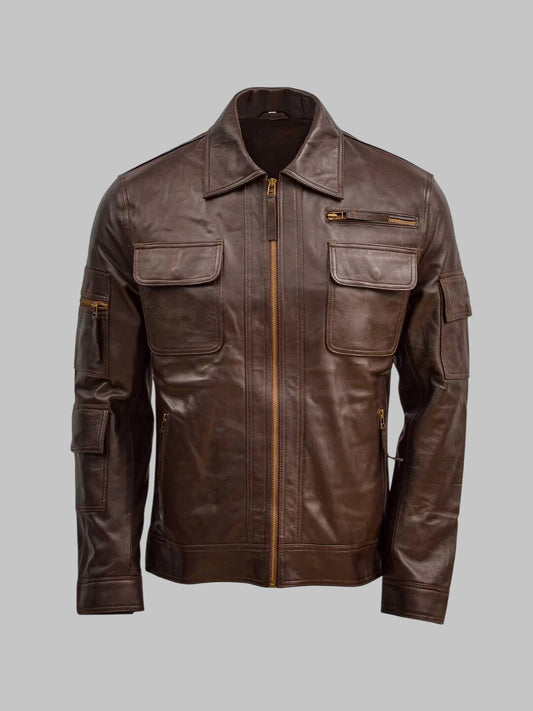 Men Trendy Multi Pocket Brown Leather Jacket