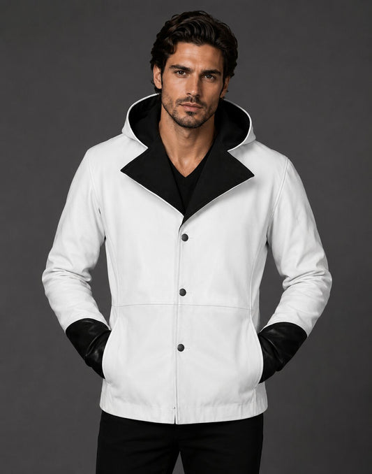 Men White and Black Hooded Leather Coat