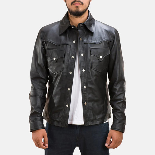  Classic Men’s Black Cowboy Leather Shirt