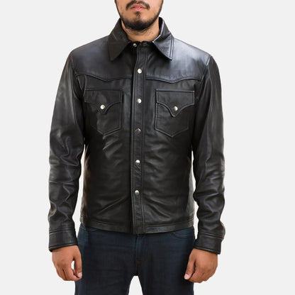  Classic Men’s Black Cowboy Leather Shirt