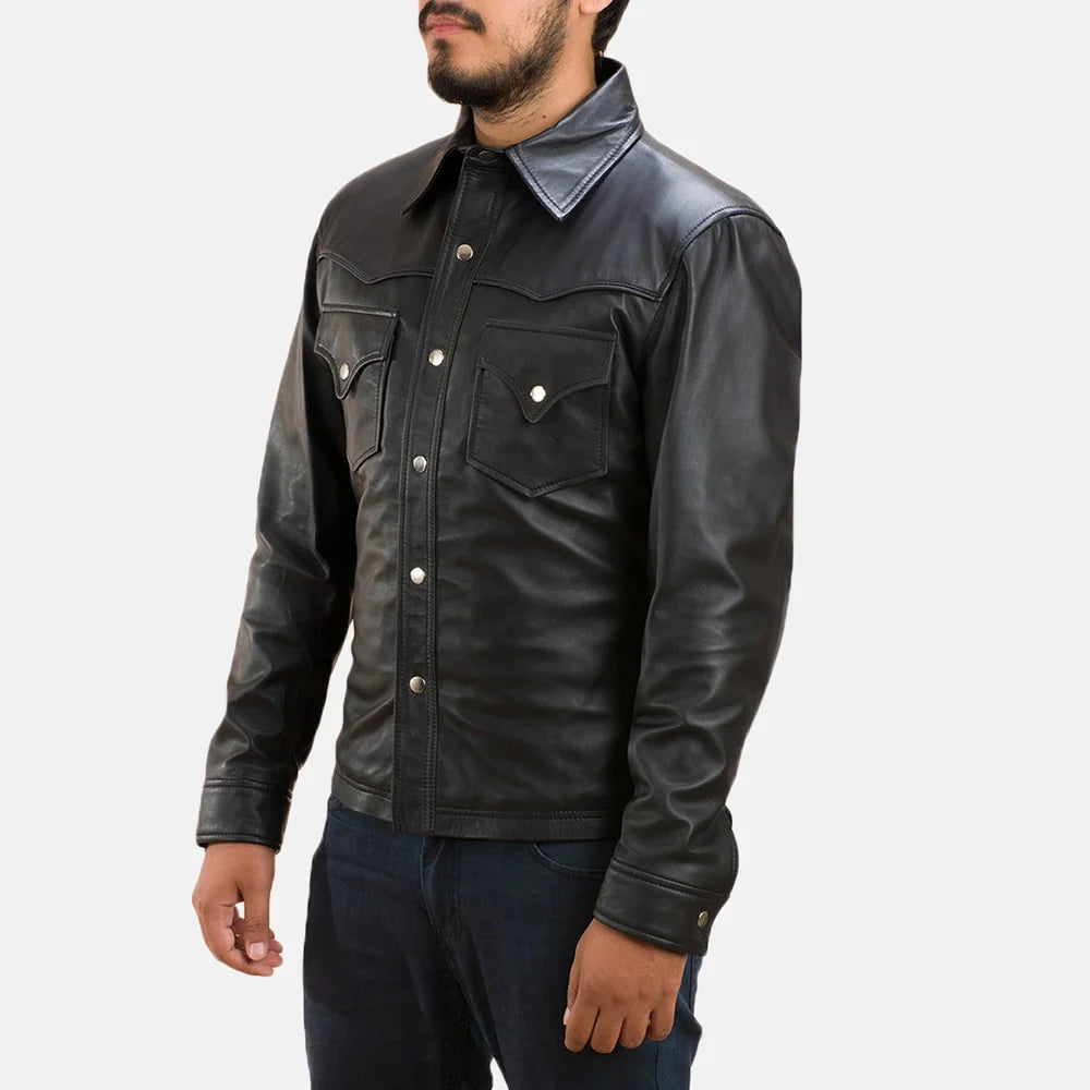  Classic Men’s Black Cowboy Leather Shirt