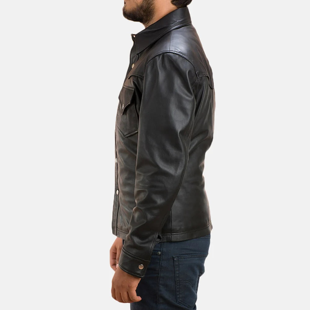  Classic Men’s Black Cowboy Leather Shirt