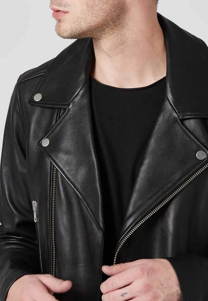  Stylish Men’s Black Genuine Leather Biker Jacket