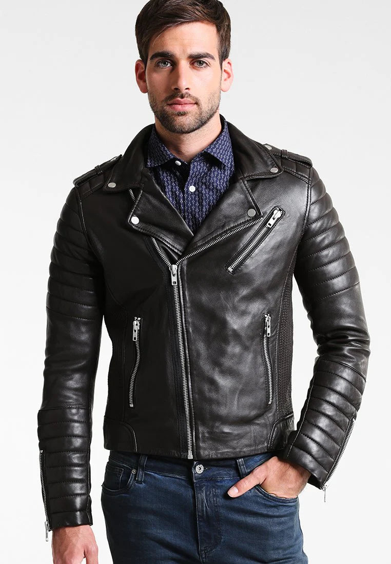 Sleek Men’s Black Leather Biker Jacket