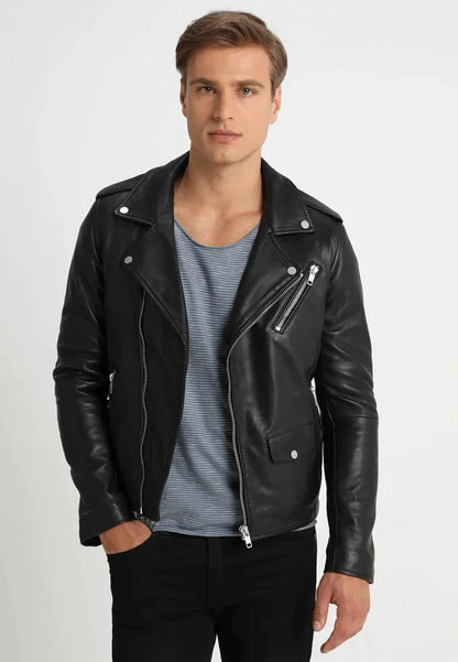 Men's Black Leather Biker Jacket - Classic and Timeless