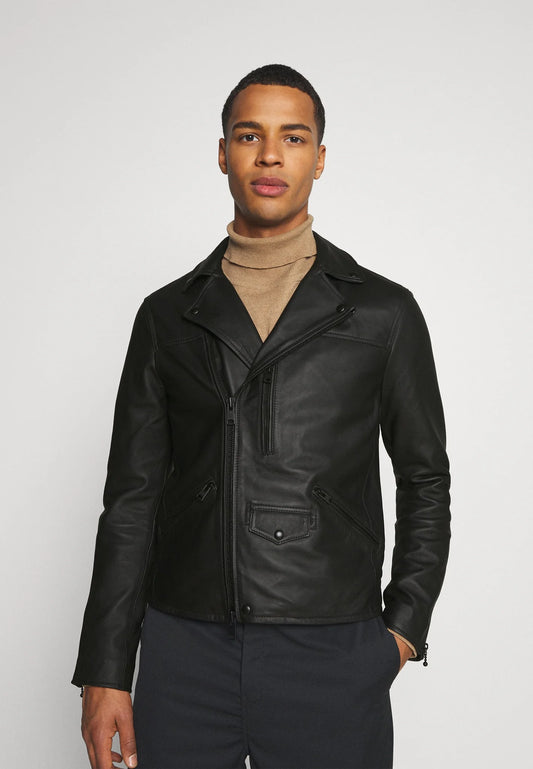 Men's Black Leather Biker Jacket with Black Zippers