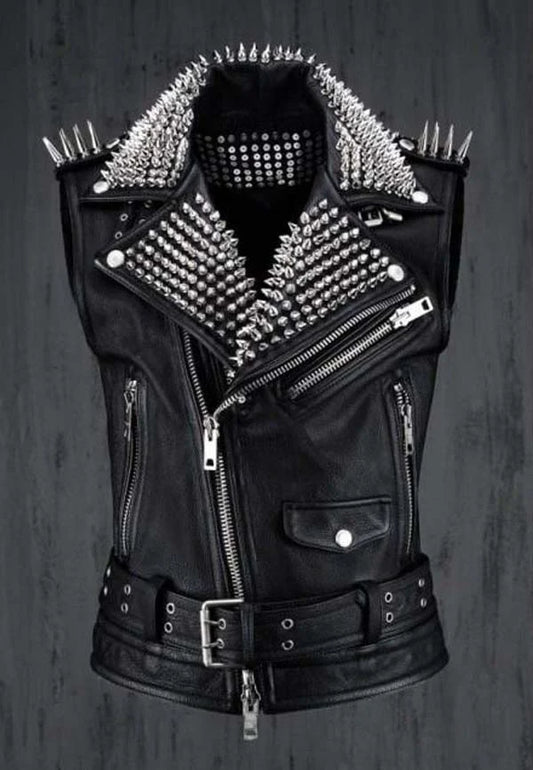 Edgy Men’s Black Leather Biker Punk Vest