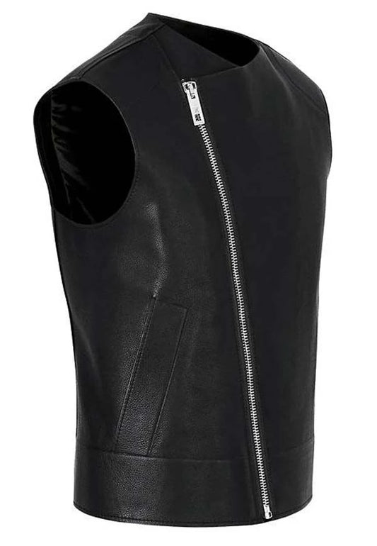 Men’s Black Leather Biker Vest Slim Fit