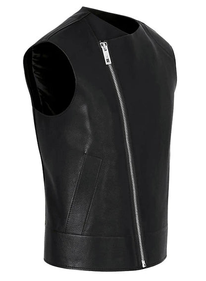 Men’s Black Leather Biker Vest Slim Fit