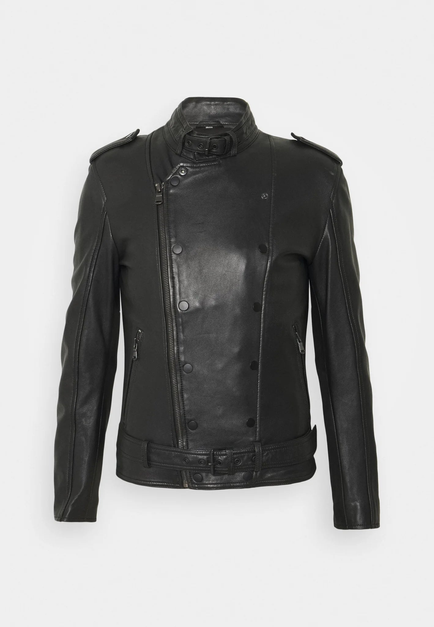 Men's Black Leather Biker Jacket with Black Zippers - Sleek and Modern