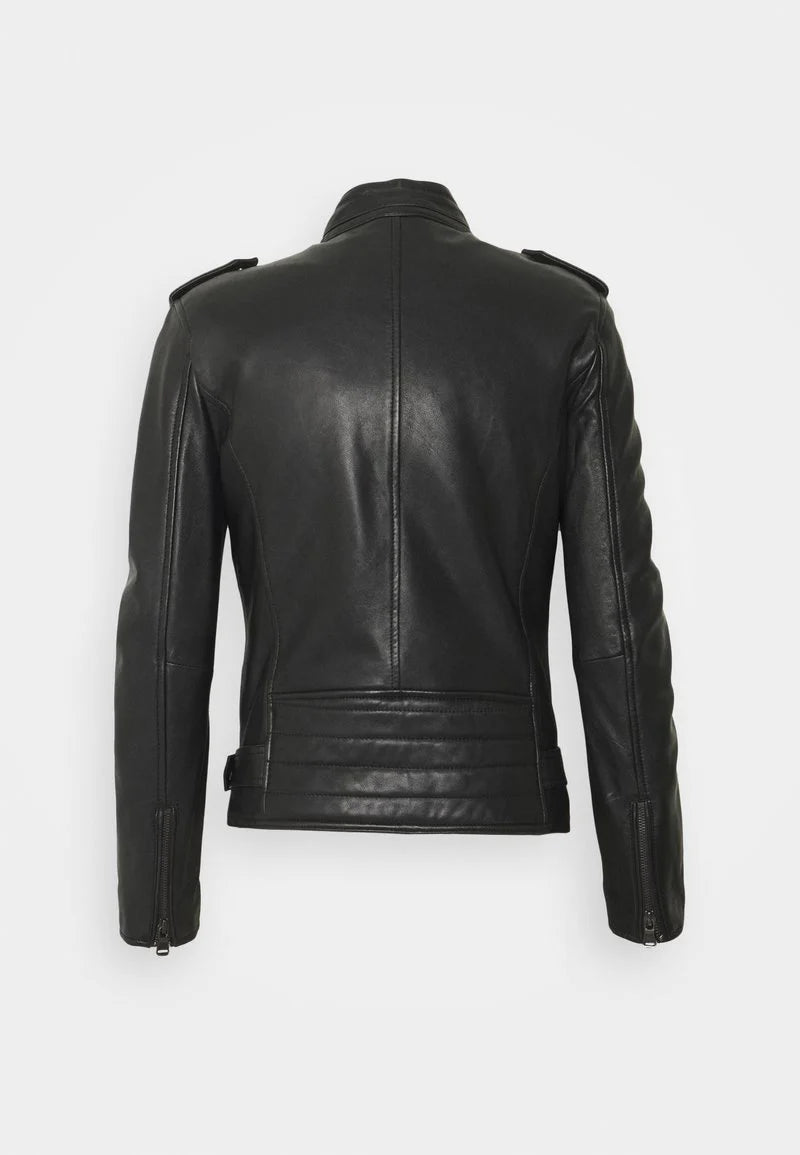 Men's Black Leather Biker Jacket with Black Zippers - Sleek and Modern