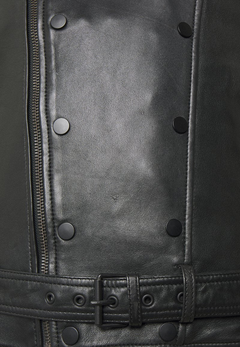 Men's Black Leather Biker Jacket with Black Zippers - Sleek and Modern