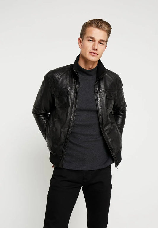 Men’s Black Leather Bomber Jacket - Timeless and Durable