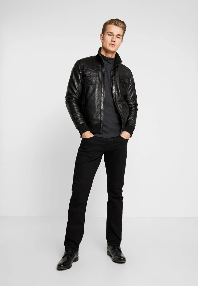 Men’s Black Leather Bomber Jacket - Timeless and Durable