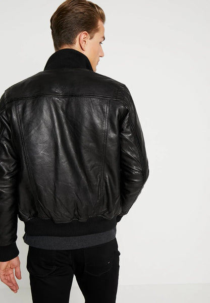 Men’s Black Leather Bomber Jacket - Timeless and Durable