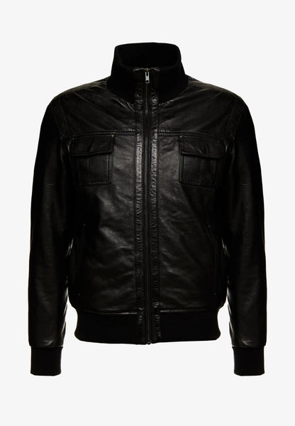 Men’s Black Leather Bomber Jacket - Timeless and Durable