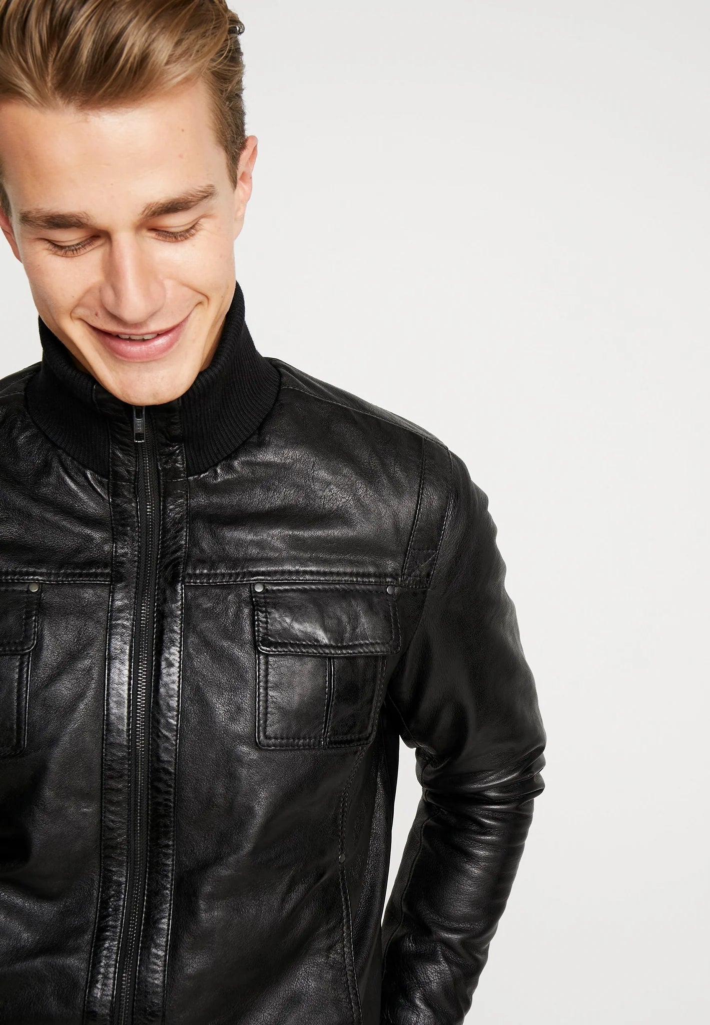 Men’s Black Leather Bomber Jacket - Timeless and Durable