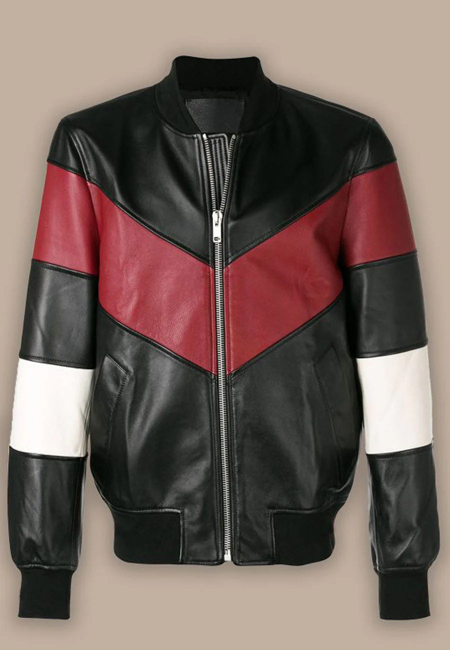 Men's Black Leather Bomber Jacket with Red White Stripes