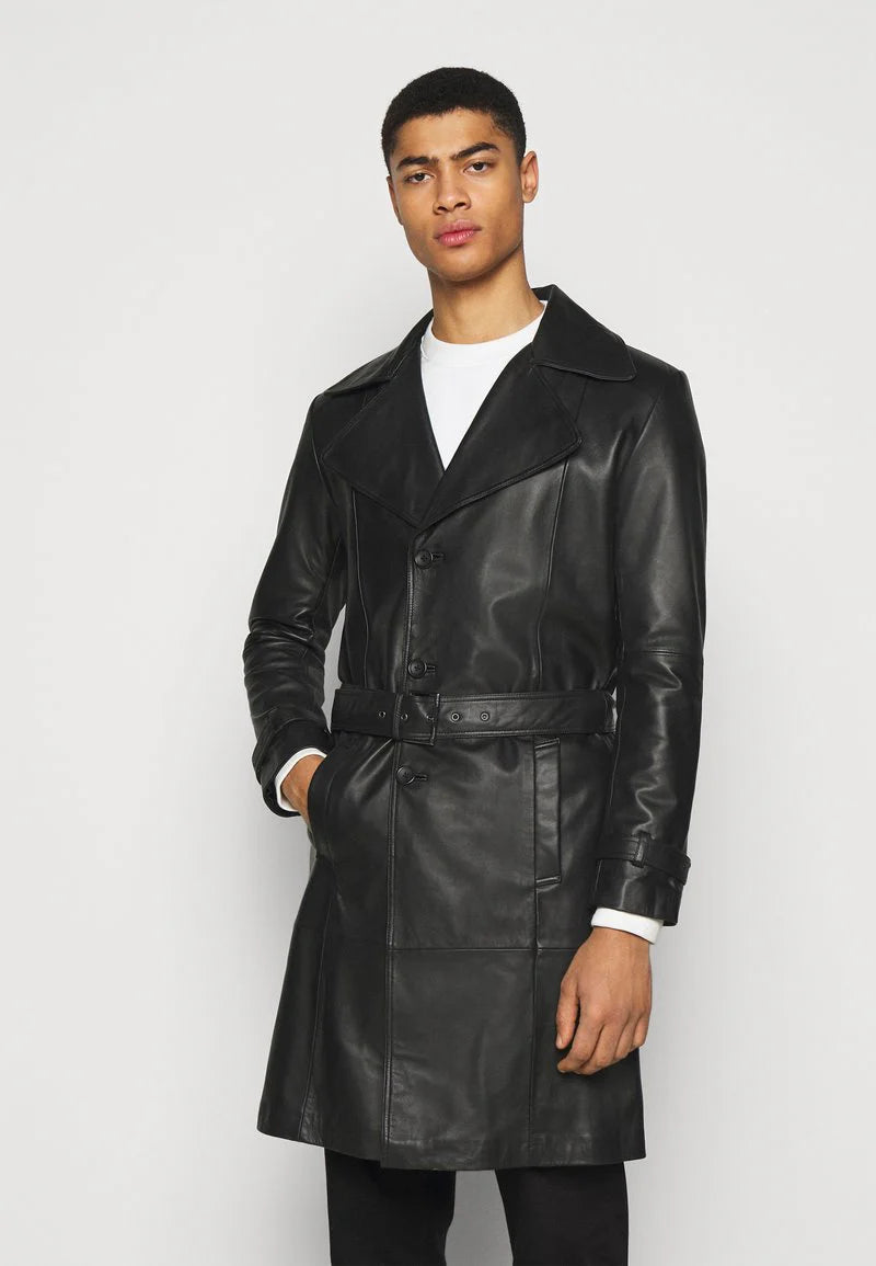 Men’s Black Leather Button Down Trench Coat - Elegant and Sophisticated