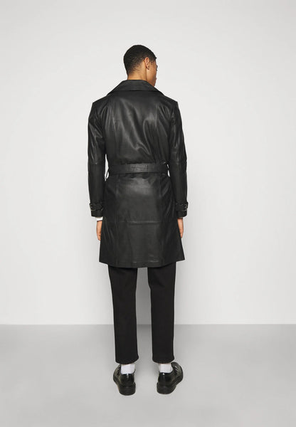 Men’s Black Leather Button Down Trench Coat - Elegant and Sophisticated